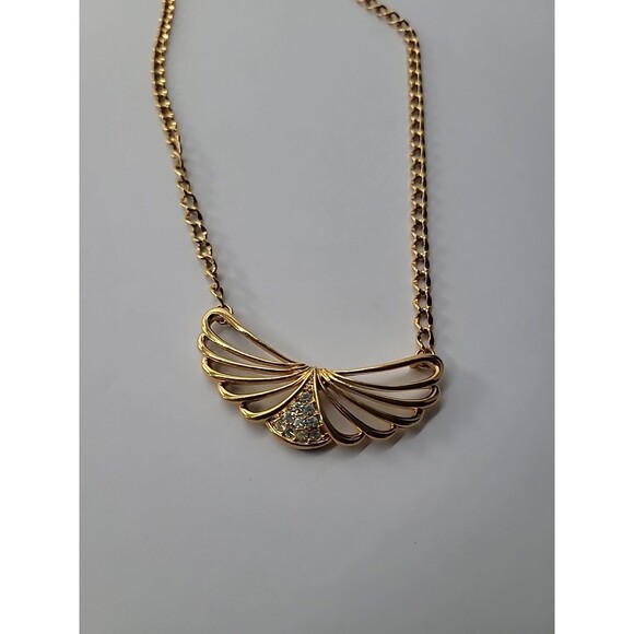 Vintage Necklace Wings Gold Tone White Crystals Chain Jewelry Costume - Picture 11 of 15